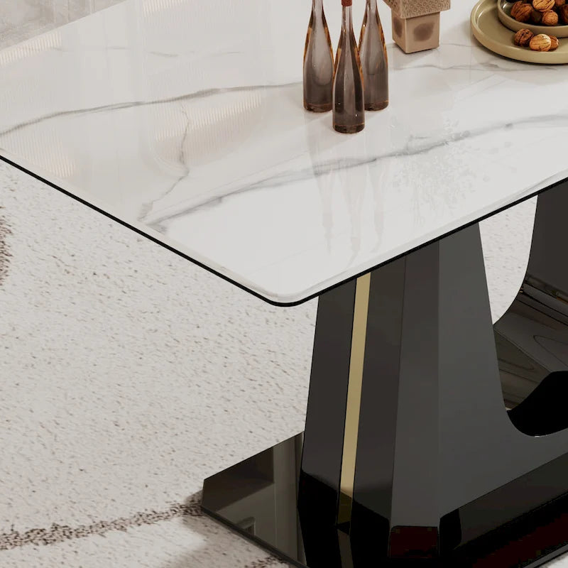 0.47 Thick Sintered Stone Composite Tempered Glass Top Dining Table with Stainless Steel Base