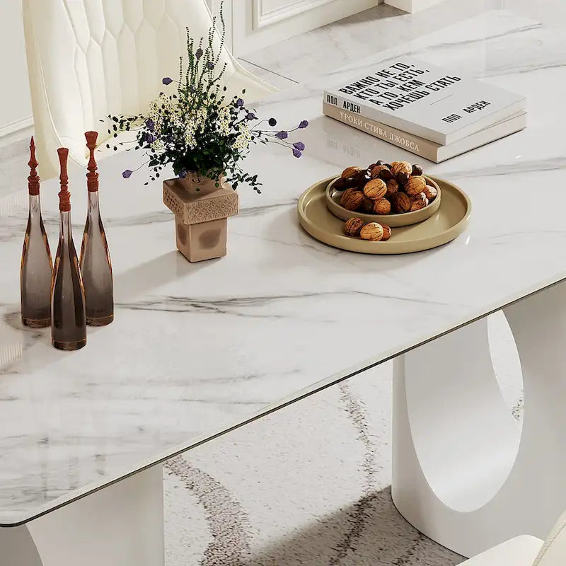 0.47 Thick Sintered Stone Composite Tempered Glass Top Dining Table with Stainless Steel Base