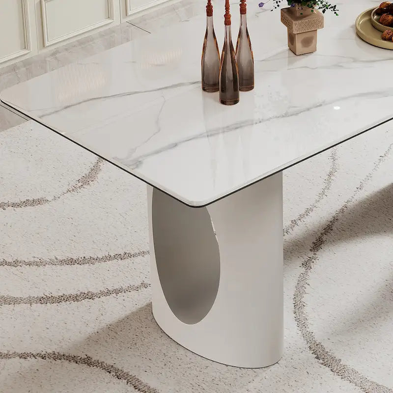 0.47 Thick Sintered Stone Composite Tempered Glass Top Dining Table with Stainless Steel Base