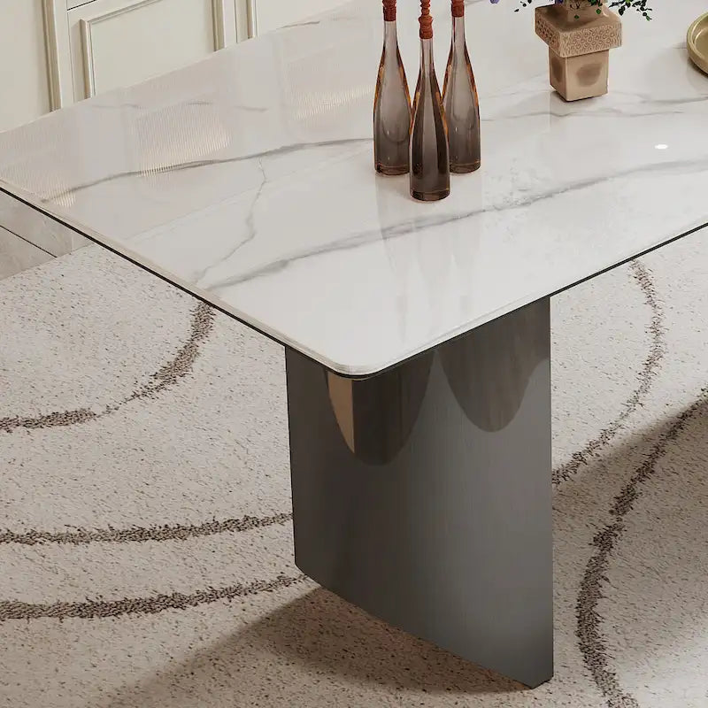 0.47 Thick Sintered Stone Composite Tempered Glass Top Dining Table with Stainless Steel Base