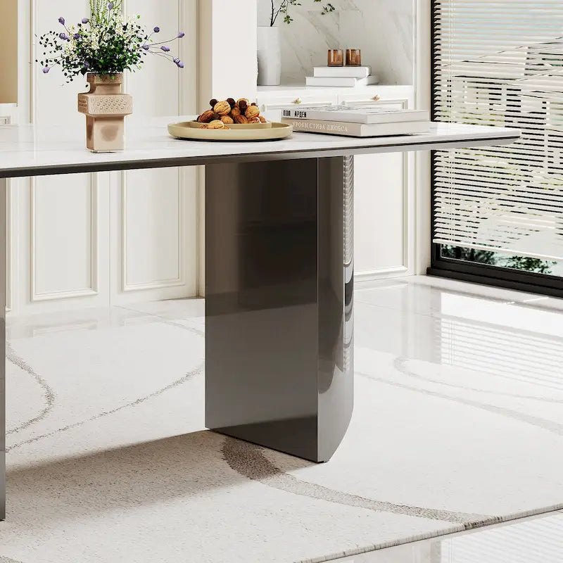 0.47 Thick Sintered Stone Composite Tempered Glass Top Dining Table with Stainless Steel Base