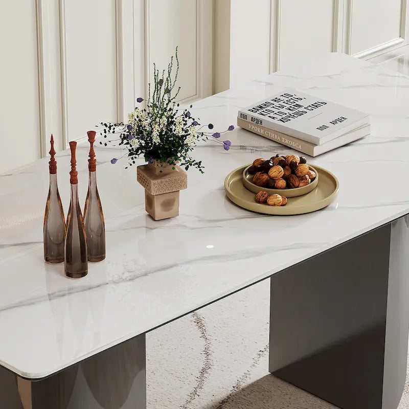 0.47 Thick Sintered Stone Composite Tempered Glass Top Dining Table with Stainless Steel Base