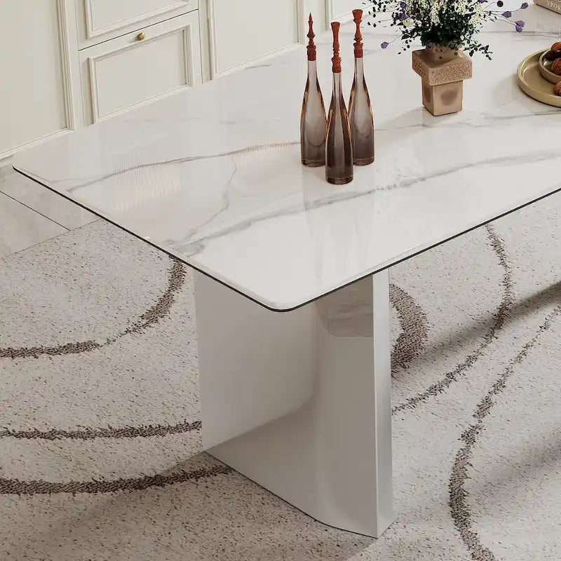 0.47 Thick Sintered Stone Composite Tempered Glass Top Dining Table with Stainless Steel Base