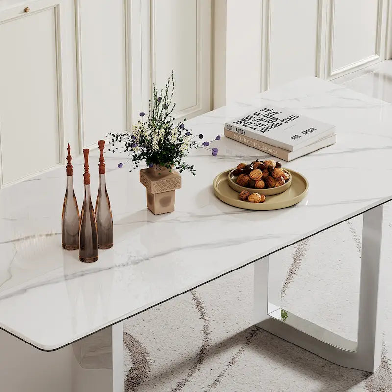 0.47 Thick Sintered Stone Composite Tempered Glass Top Dining Table with Stainless Steel Base