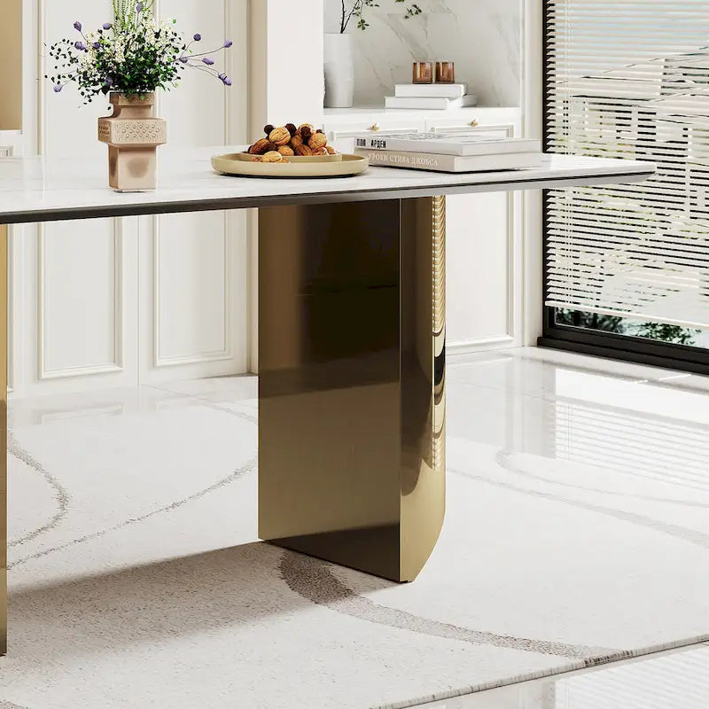 0.47 Thick Sintered Stone Composite Tempered Glass Top Dining Table with Stainless Steel Base