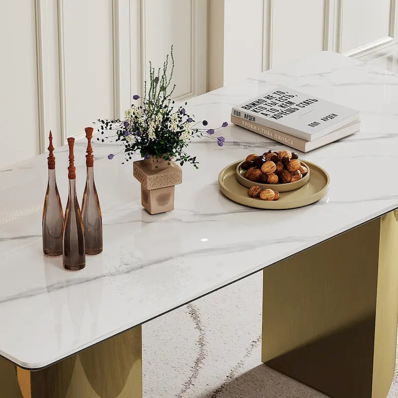 0.47 Thick Sintered Stone Composite Tempered Glass Top Dining Table with Stainless Steel Base