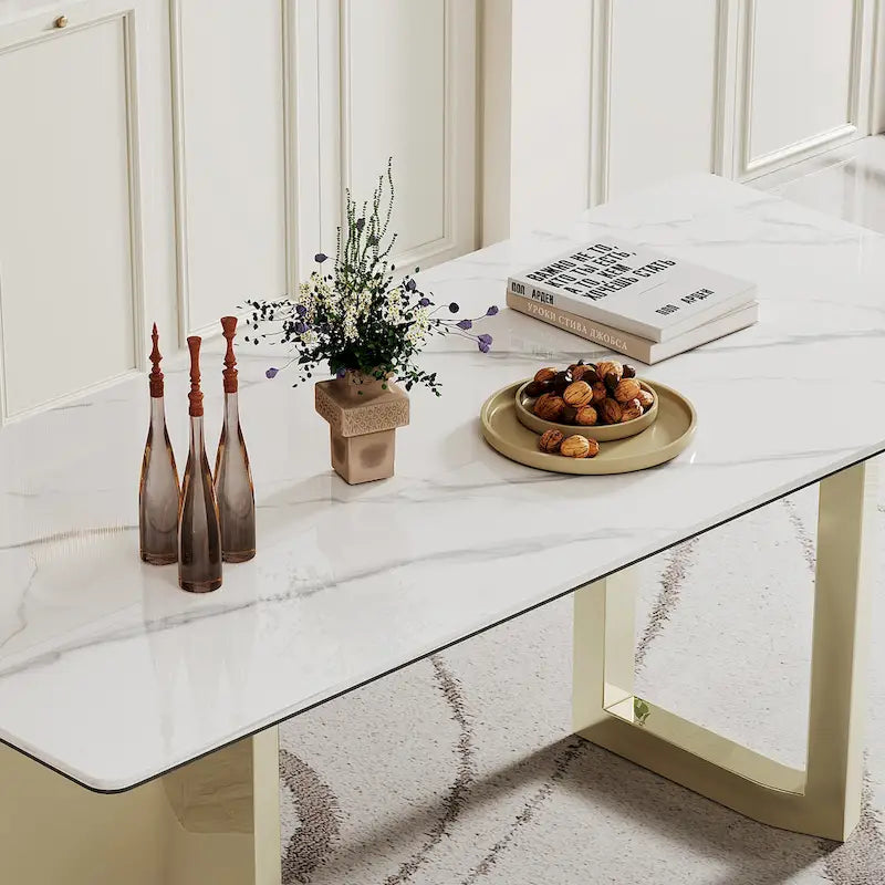 0.47 Thick Sintered Stone Composite Tempered Glass Top Dining Table with Stainless Steel Base