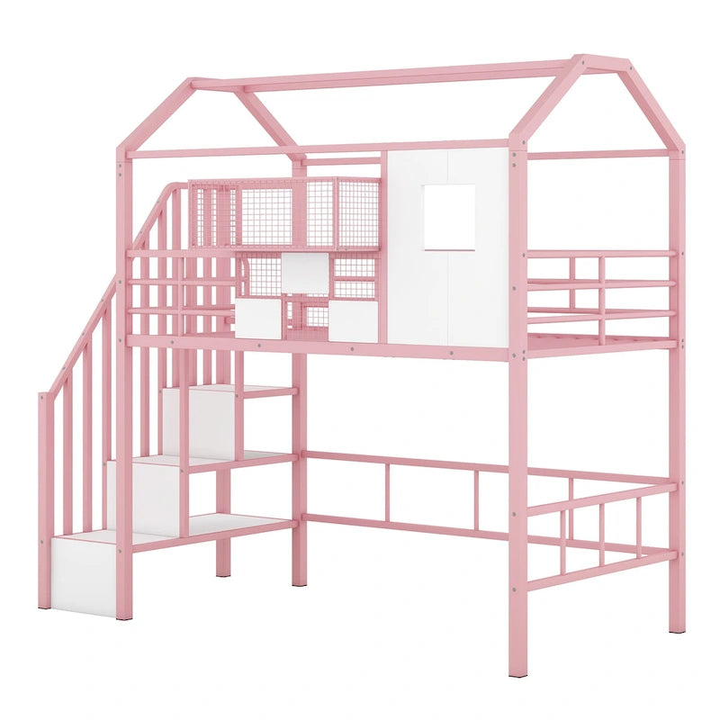 Metal Loft Bed with roof design and a storage box, Twin, Black