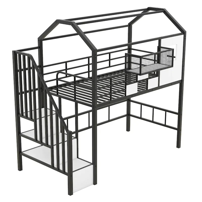 Metal Loft Bed with roof design and a storage box, Twin, Black