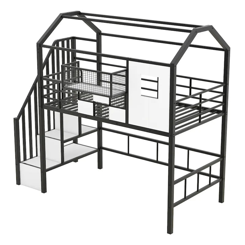 Metal Loft Bed with roof design and a storage box, Twin, Black