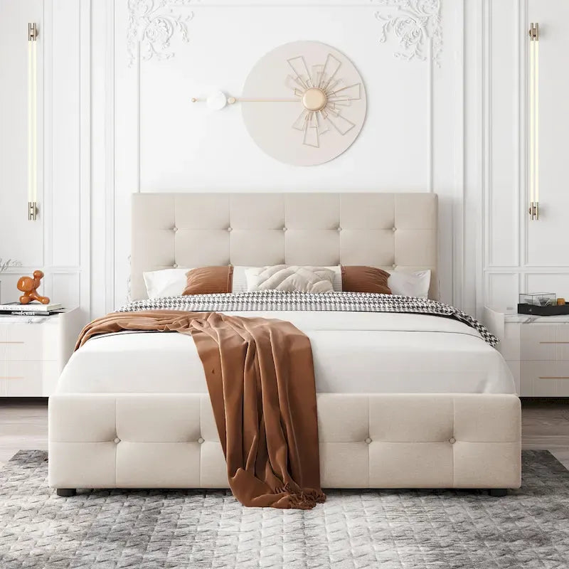 Upholstered Platform Bed with Classic Headboard and 4 Drawers, No Box Spring Needed, Linen Fabric
