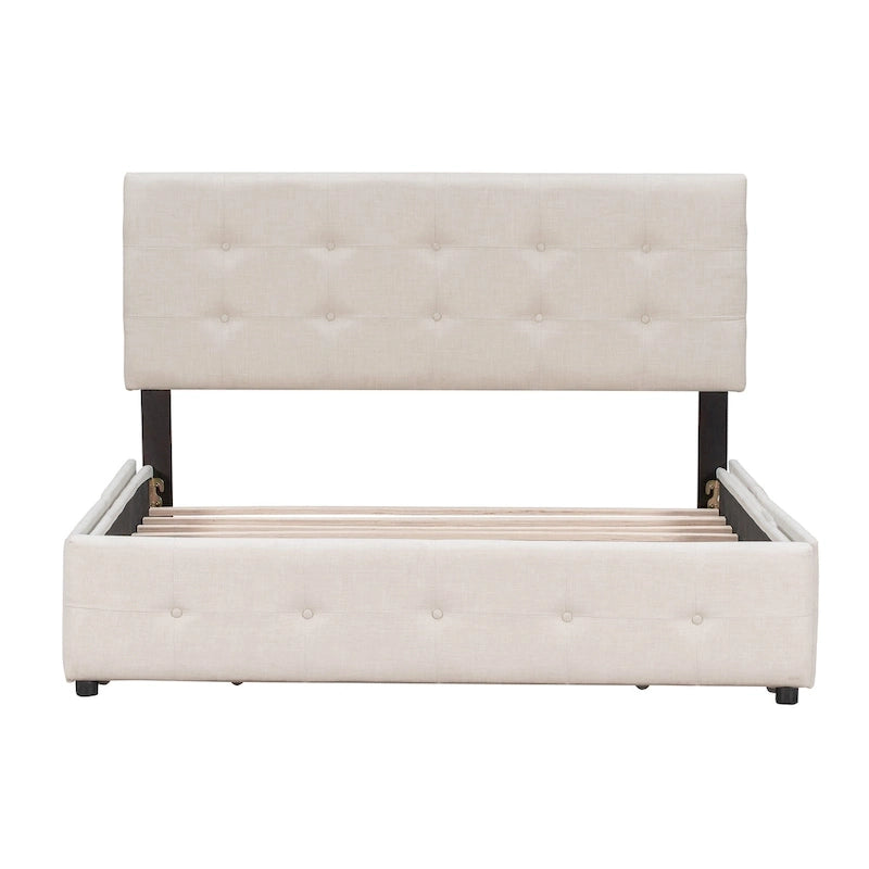 Upholstered Platform Bed with Classic Headboard and 4 Drawers, No Box Spring Needed, Linen Fabric