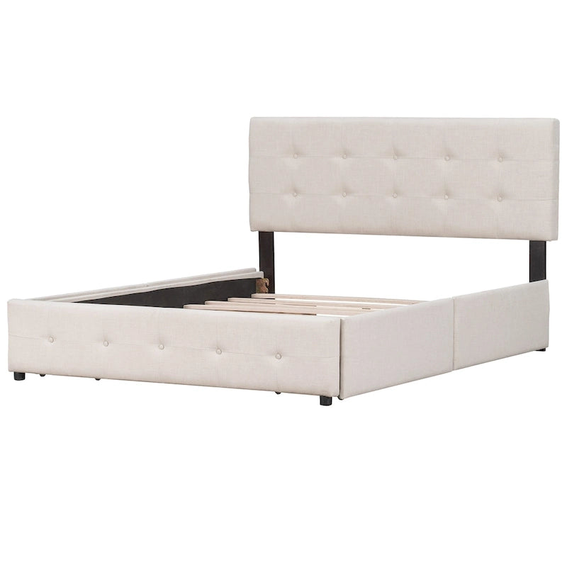 Upholstered Platform Bed with Classic Headboard and 4 Drawers, No Box Spring Needed, Linen Fabric