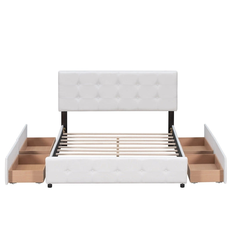 Upholstered Platform Bed with Classic Headboard and 4 Drawers, No Box Spring Needed, Linen Fabric