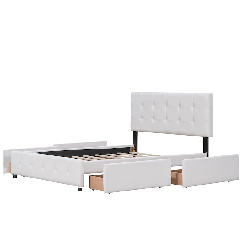 Upholstered Platform Bed with Classic Headboard and 4 Drawers, No Box Spring Needed, Linen Fabric