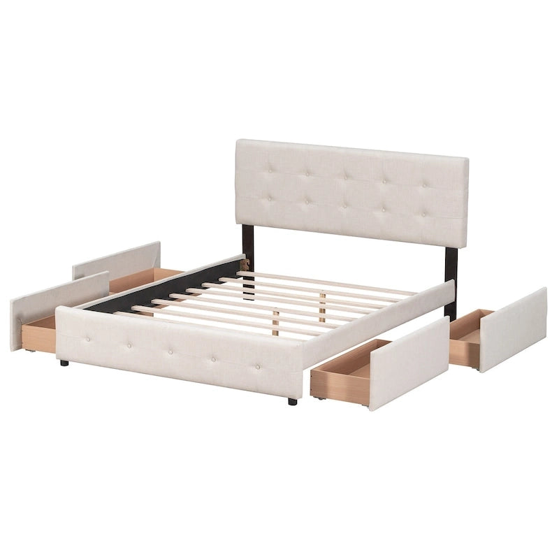 Upholstered Platform Bed with Classic Headboard and 4 Drawers, No Box Spring Needed, Linen Fabric