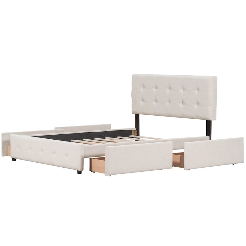 Upholstered Platform Bed with Classic Headboard and 4 Drawers, No Box Spring Needed, Linen Fabric