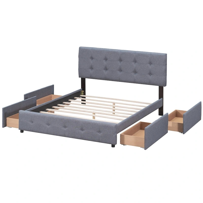 Upholstered Platform Bed with Classic Headboard and 4 Drawers, No Box Spring Needed, Linen Fabric