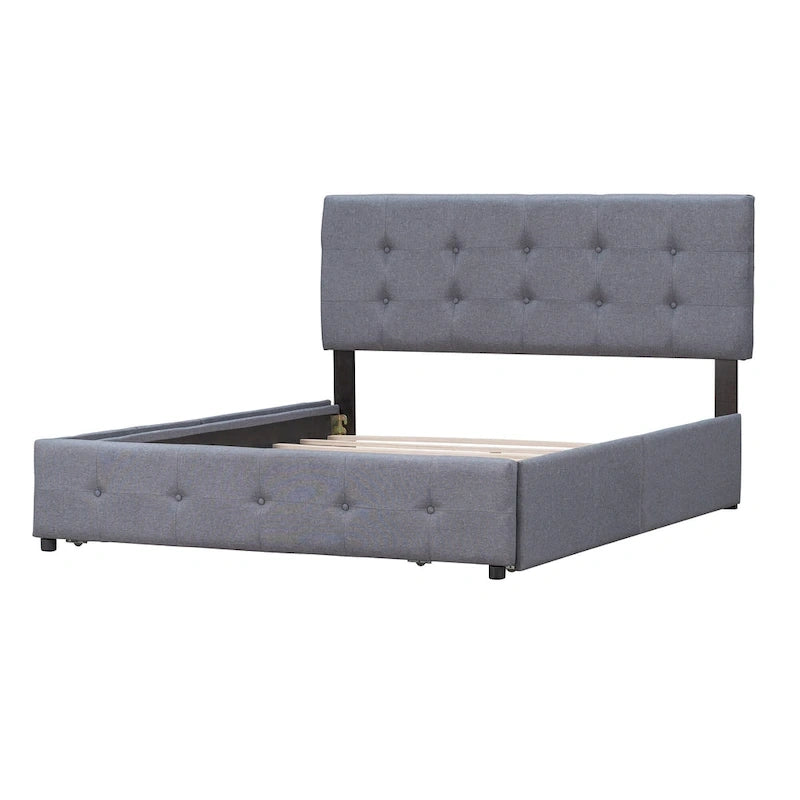 Upholstered Platform Bed with Classic Headboard and 4 Drawers, No Box Spring Needed, Linen Fabric