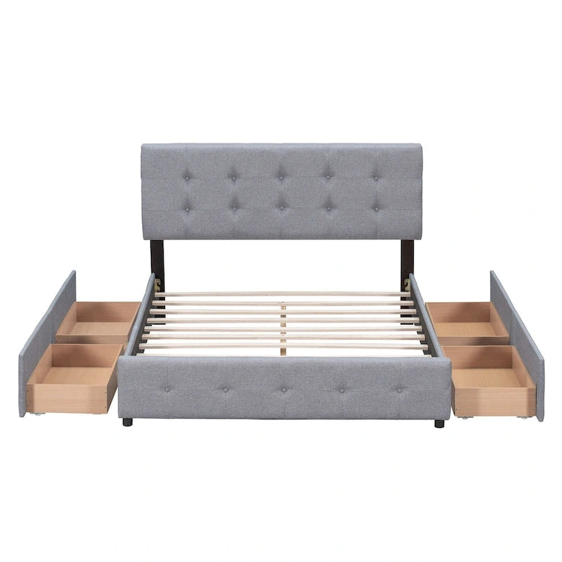 Upholstered Platform Bed with Classic Headboard and 4 Drawers, No Box Spring Needed, Linen Fabric