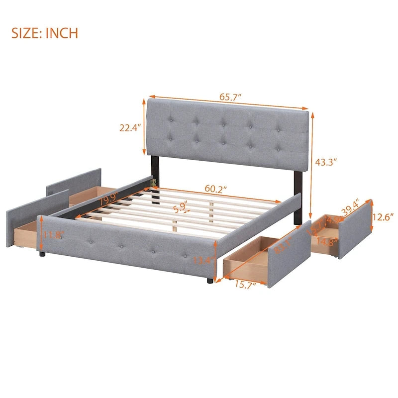 Upholstered Platform Bed with Classic Headboard and 4 Drawers, No Box Spring Needed, Linen Fabric