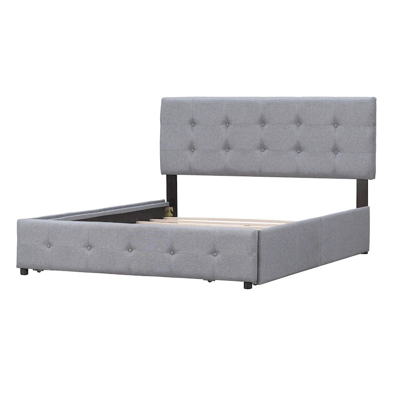 Upholstered Platform Bed with Classic Headboard and 4 Drawers, No Box Spring Needed, Linen Fabric