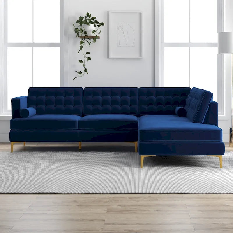 Caterine Navy Blue Velvet Tufted Modern Living Room Corner Sectional Couch