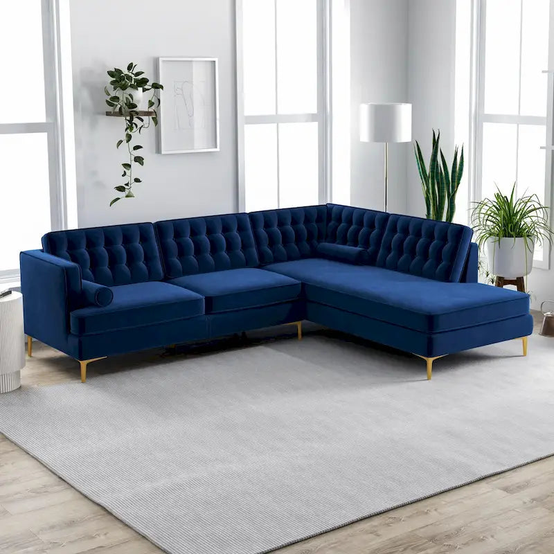 Caterine Navy Blue Velvet Tufted Modern Living Room Corner Sectional Couch