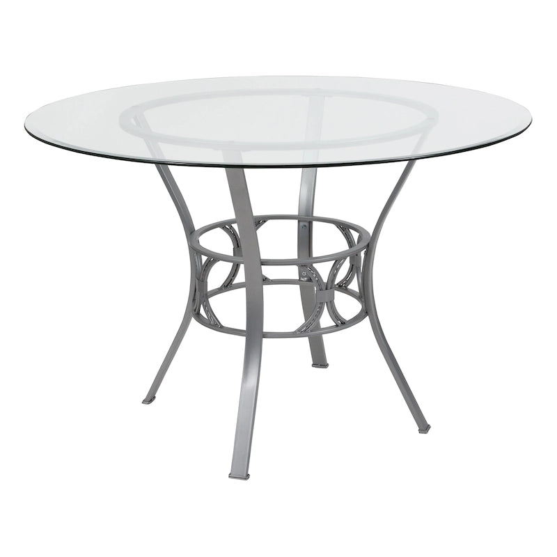 45 Round Glass Dining Table with Crescent Style Metal Frame