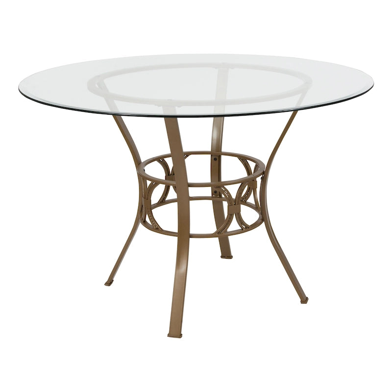45 Round Glass Dining Table with Crescent Style Metal Frame