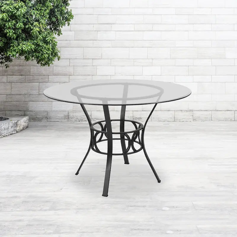 45 Round Glass Dining Table with Crescent Style Metal Frame