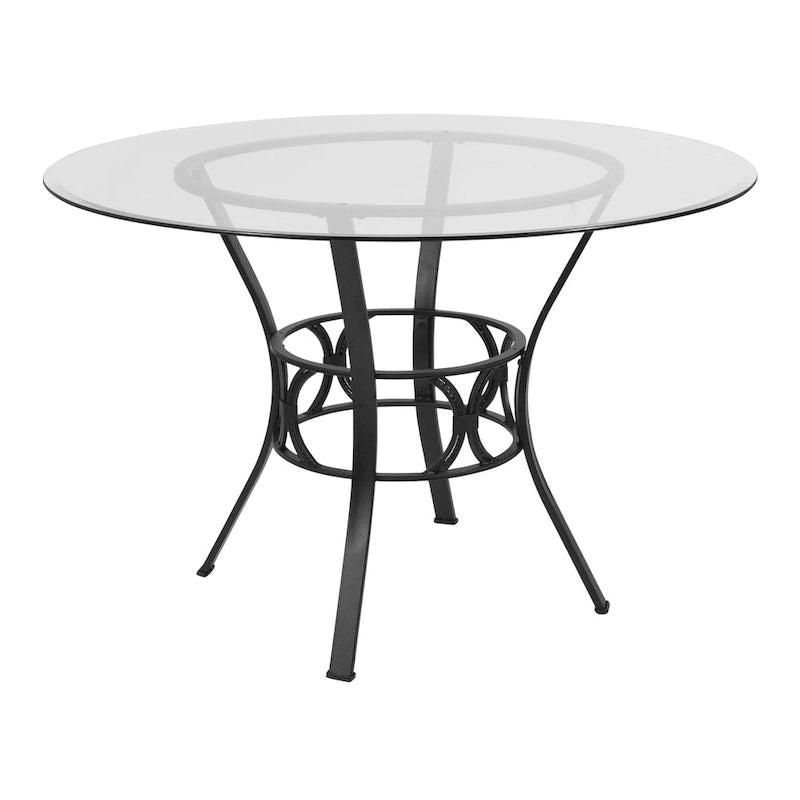 45 Round Glass Dining Table with Crescent Style Metal Frame