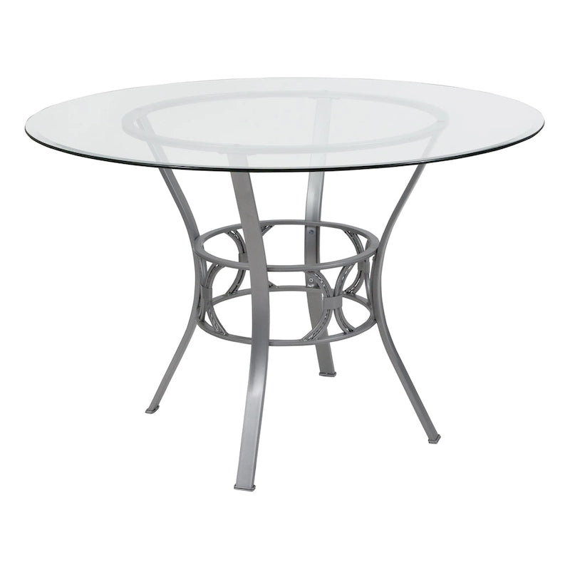45 Round Glass Dining Table with Crescent Style Metal Frame