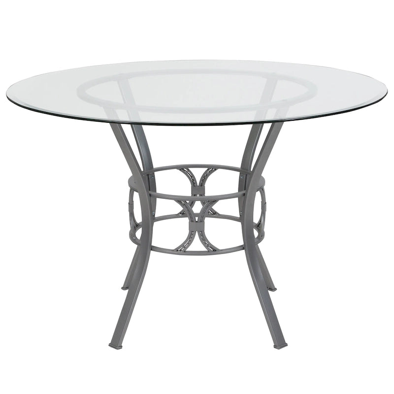 45 Round Glass Dining Table with Crescent Style Metal Frame