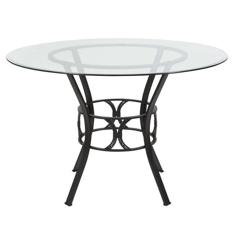 45 Round Glass Dining Table with Crescent Style Metal Frame