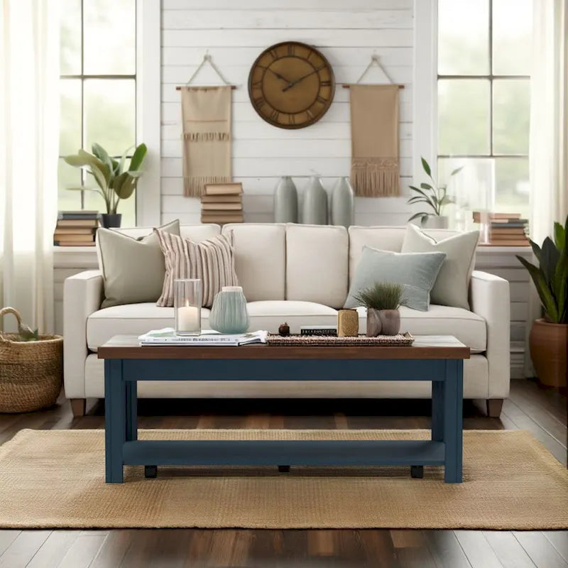 Bridgevine Home Nantucket 48 inch Coffee Table, No Assembly Required, Blue Denim and Whiskey