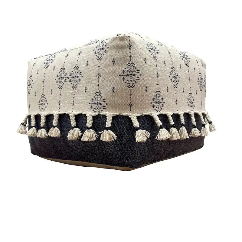 18 Navy and White Ornamental Motif Handcrafted Square Pouf Ottoman
