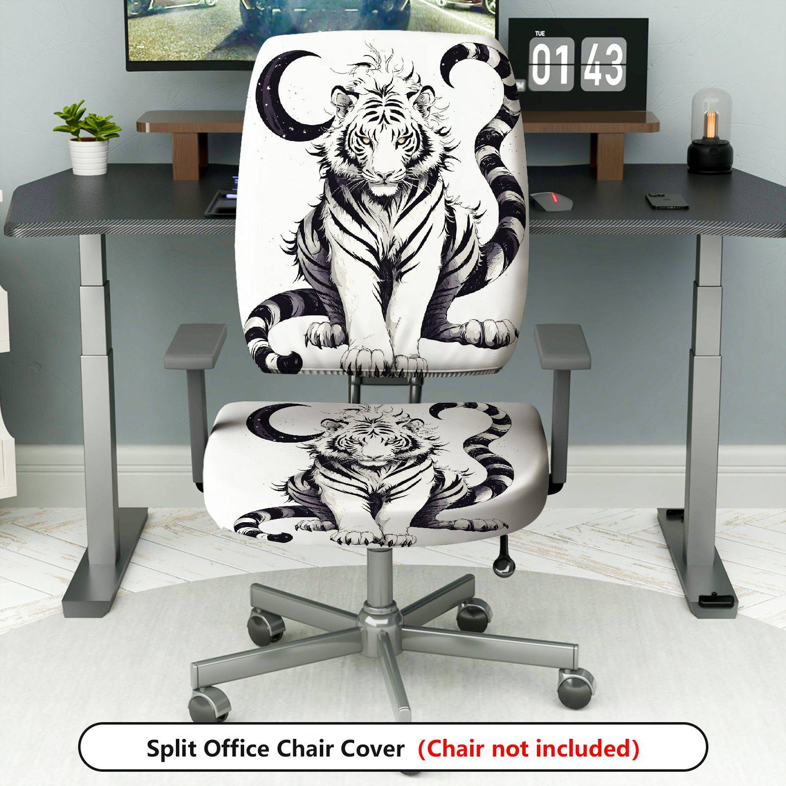 2-Piece Tiger Stripes Black White Moon Artistic  Computer Chair Cover Set, Seat and Backrest