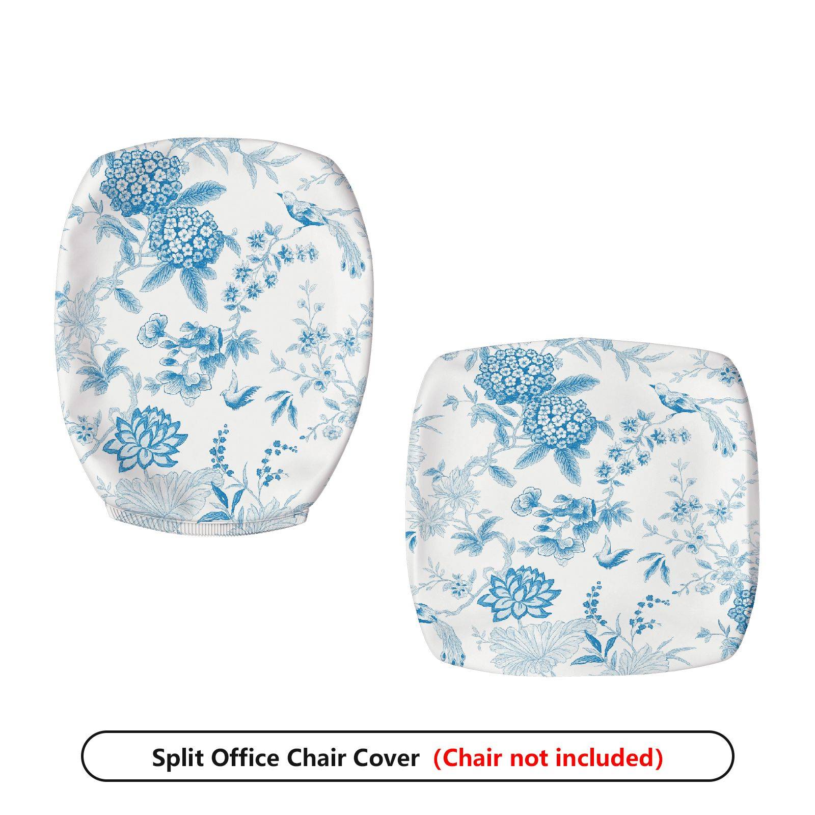 2-Piece Floral Bird Print Nature Blue White  Computer Chair Cover Set, Seat and Backrest