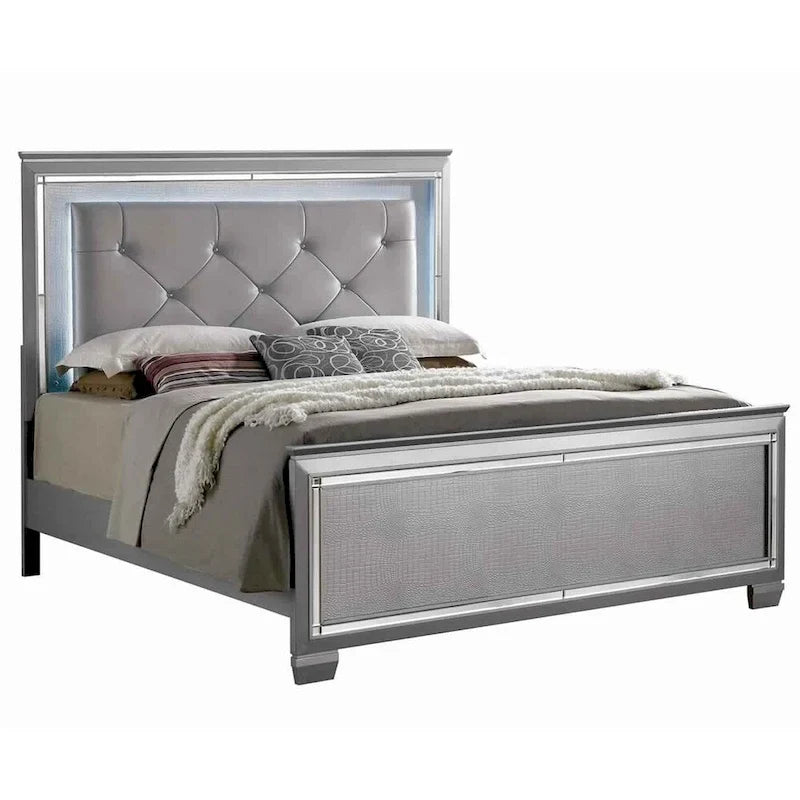 Textured Queen King Size Bed with Silver Trim Accents, Beige
