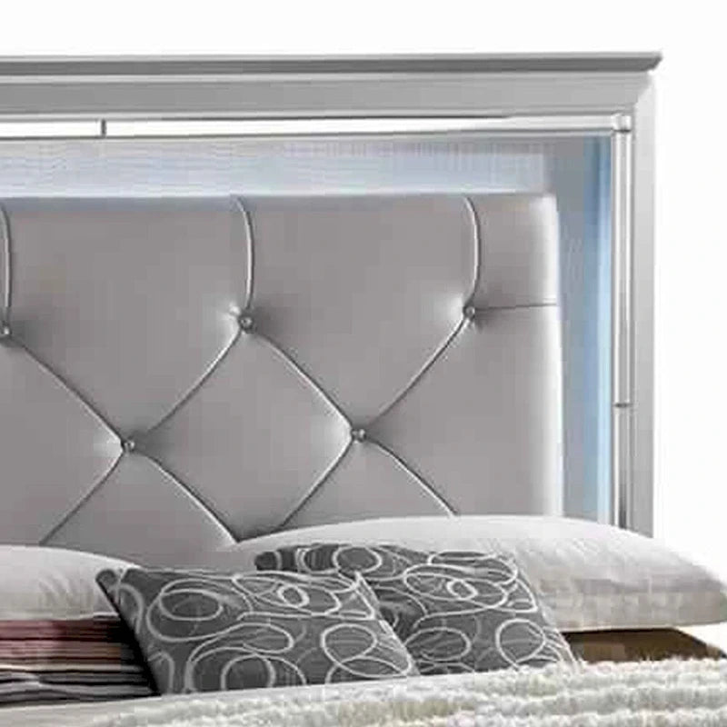 Textured Queen King Size Bed with Silver Trim Accents, Beige