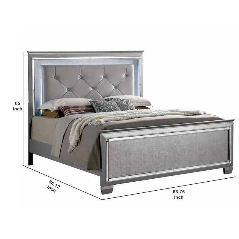 Textured Queen King Size Bed with Silver Trim Accents, Beige