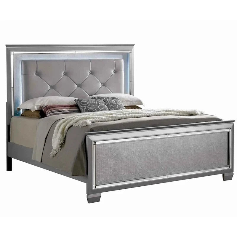Textured California King Size Bed with Silver Trim Accents, Beige