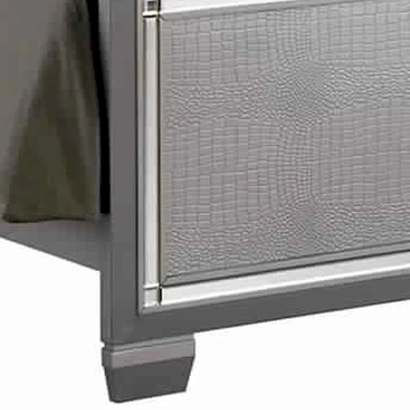 Textured California King Size Bed with Silver Trim Accents, Beige