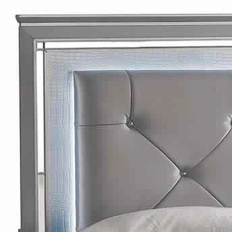 Textured California King Size Bed with Silver Trim Accents, Beige