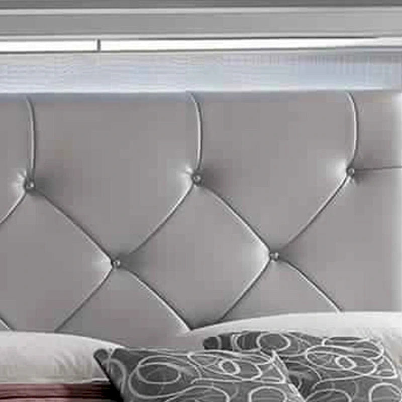 Textured California King Size Bed with Silver Trim Accents, Beige