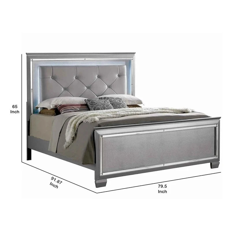 Textured California King Size Bed with Silver Trim Accents, Beige