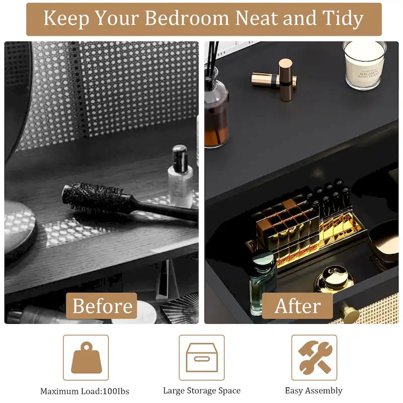 Anmytek Modern 3-Drawer Black Dresser Rattan Chest of Drawers for Bedroom