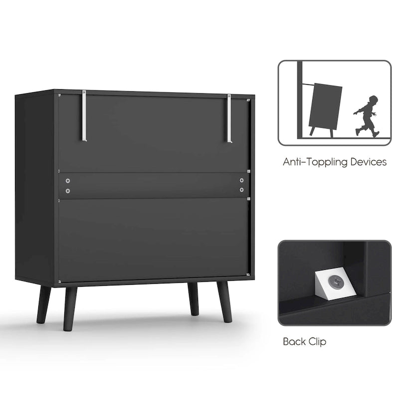 Anmytek Modern 3-Drawer Black Dresser Rattan Chest of Drawers for Bedroom