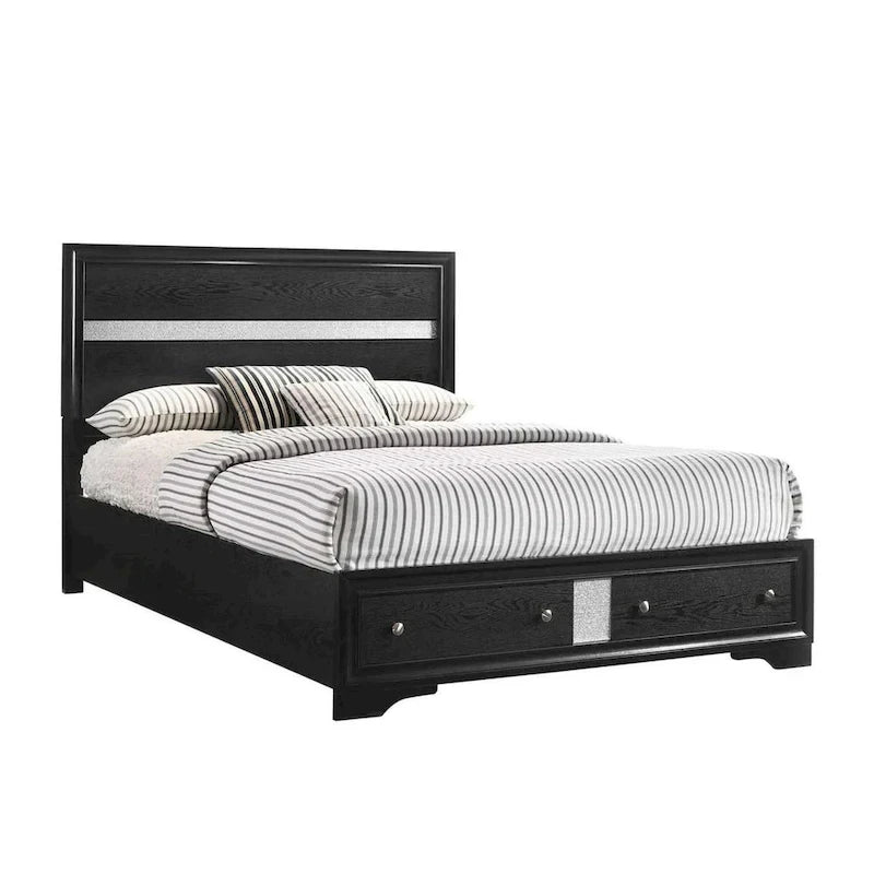 Regi King Size Bed, 2 Storage Drawers, Silver Striped Headboard, Black Wood